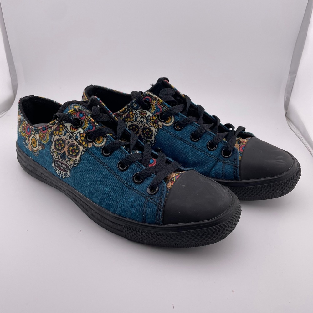 RAAD Shop Sugar Skull Floral‎ Teal Canvas Low Top Sneakers Mens 8.5 Womens 10